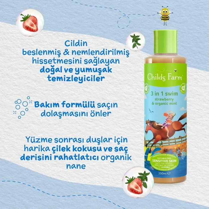 Magic journey childs farm cilek ve organik nane ozlu 3 u 1 arada yuzme sonrasi cocuk sampuan 250ml 2730